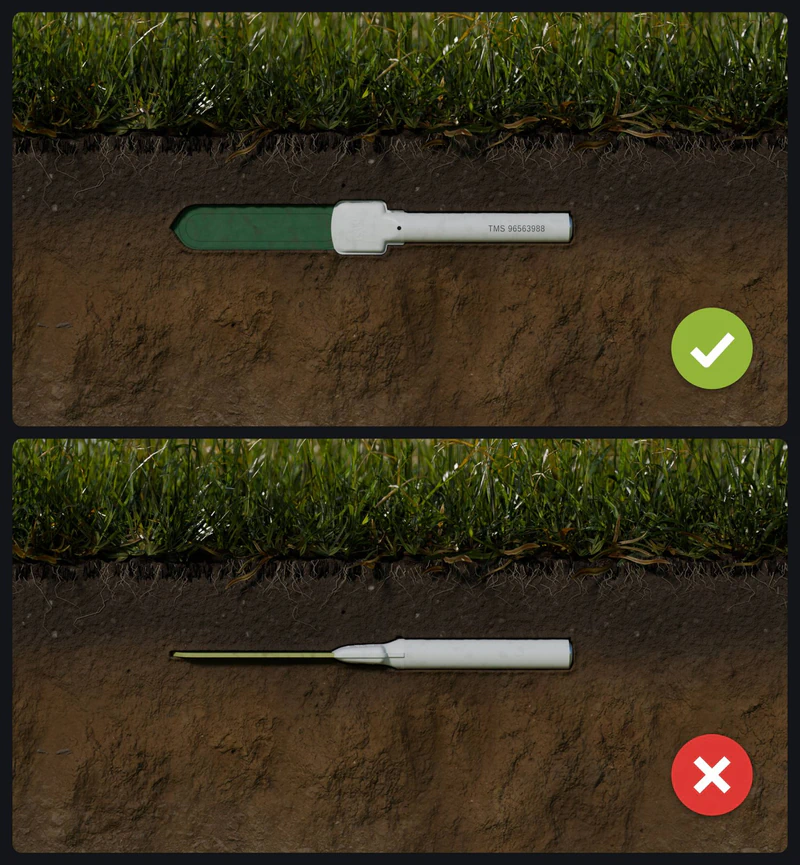 TMS buried horizontally: correct with the green section standing on its edge, wrong with the green section lying flat